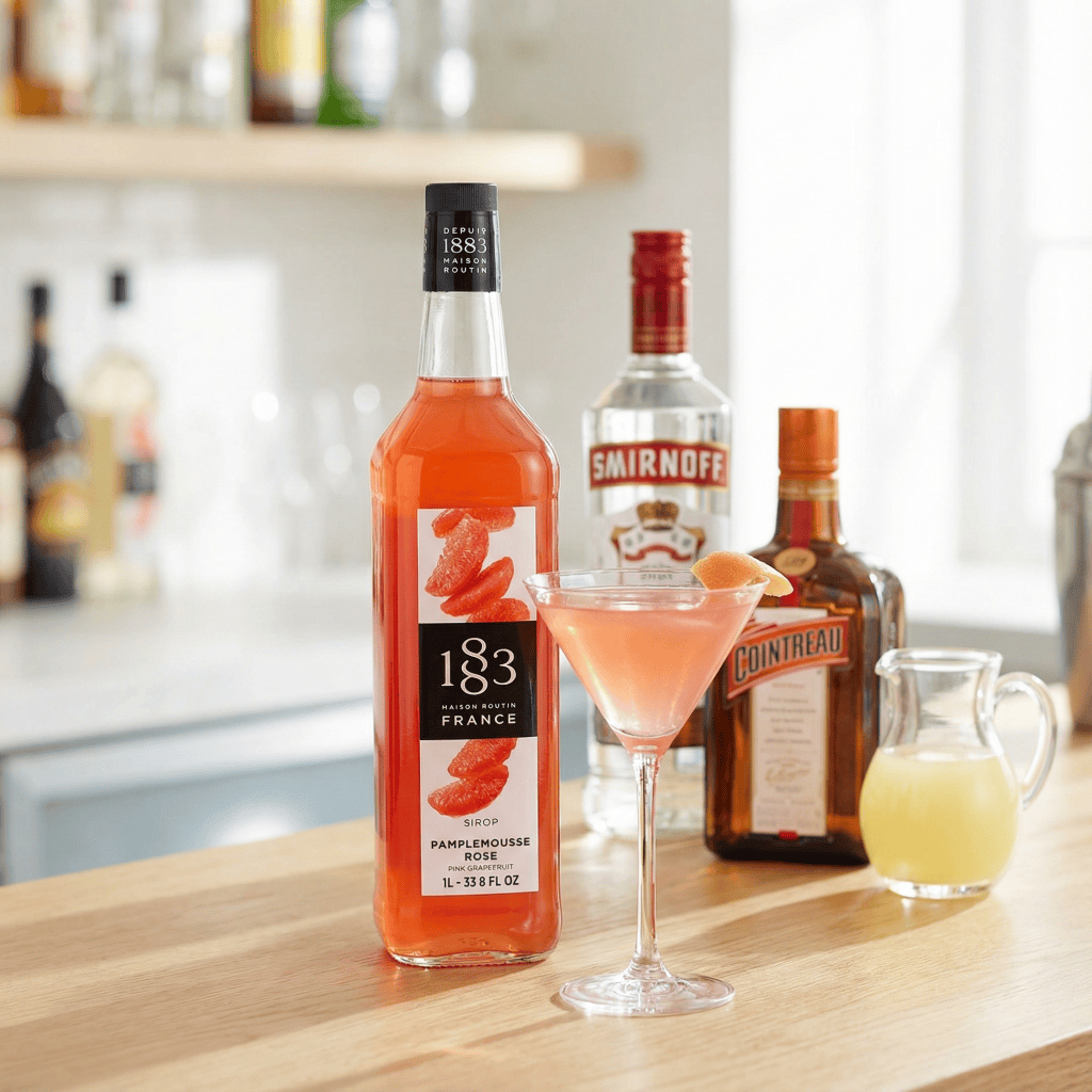 Коктейль Pink Cosmopolitan с сиропом розового грейпфрута